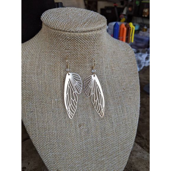 Hand Crafted Jewelry - Gold Butterfly Wing Earrings; Cicada Wing Charms; Gold Plated; Laser Cut; Handma